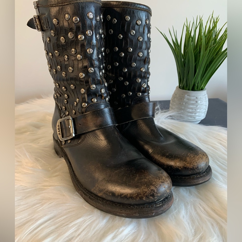 Frye Black Studded Leather Combat Boots
